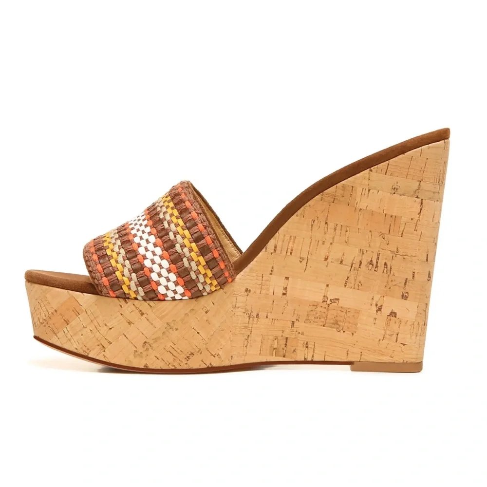 Veronica Beard Dali Multi Woven Raffia Cork Wedge Slide Sandals Brown Tan 9 NIB